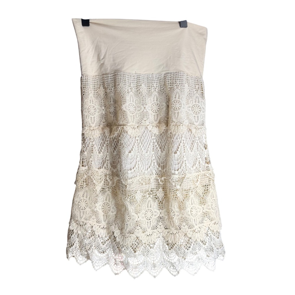 Solitaire by Rawi Khosla Cream Lace Tiered Strapless Boho Maxi‎ Dress Size S